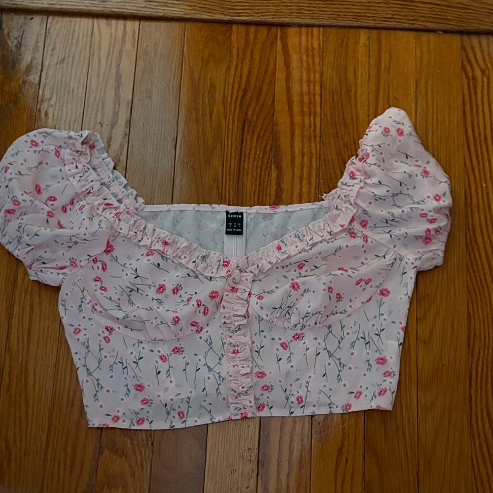 SHEIN Pink Floral Ruffle Blouse